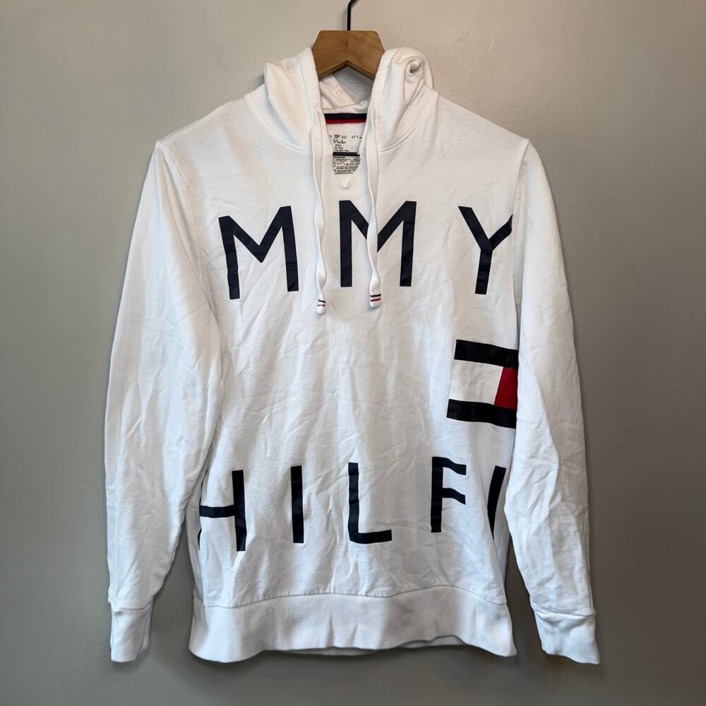 Tommy Hilfiger All Over Print Logo Women's Hoodie Sweatshirt White Size Small